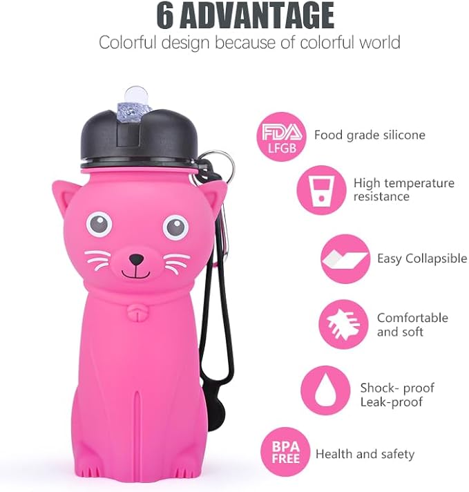 Collapsible Silicone Water Bottle，kawaii water bottle,500ml(16.9 oz),cute water bottles For Girls,School,Sports,Hiking, Backpacking, Camping, Walking, BPA Free(cute bear)