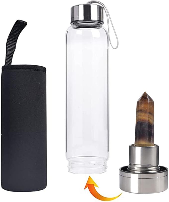 Crystal Glass Water Bottle Energy Quartz Gemstone Water Bottle with Changeable Natural Crystal Center for Healing and Wellness Yellow Fluorite