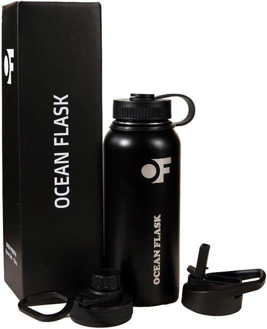 Sports Water Bottle - 32 Oz 3 Lids Straw Lid Leak Proof (Straw, Spout and Handle Lid)- Stainless Steel Sport and Gym, Travel Bottles for Men, Women -Insulated Thermos (Midnight Black)