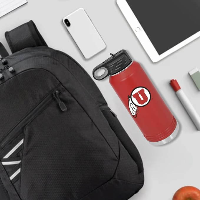 Game Day Outfitters Utah 32oz Stainless Steel Double Walled Red Beverage Bottle with Flip Straw Spout - College Gear for Playoff Season – For Office, Home or Auto – Show your Utes Pride
