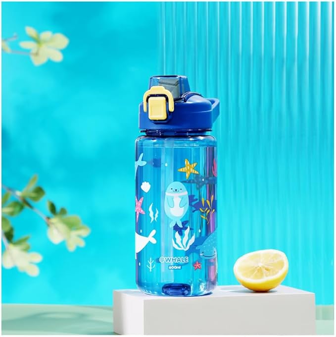 Kids Boys & Girls School and outdoor Water Bottle with silicone straw and Spill-Proof Lid (Whales & Starfish)