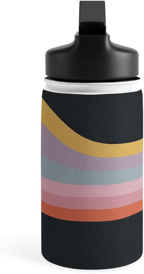 Deny Designs Water Bottle, Straw Lid 12 oz, Emanuela Carratoni Retro Rainbow on Black