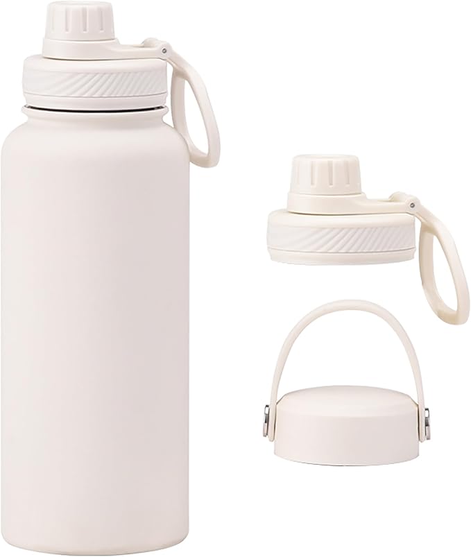 White 32 OZ Insulated Water Bottle, Cream Large Metal Insulated Stainless Steel Water Flask, Big Sports Travel Water Bottle with 2 Lids, Insulated Thermos Thermal Mug Cup