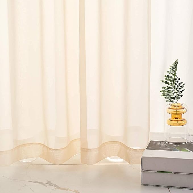 Beige Sheer Curtains 95 Inches long Panels Rod Pocket 2 Panels Translucent Solid Color Voile Beige Drapes for Bedroom Living Room 2 Panels 52x95