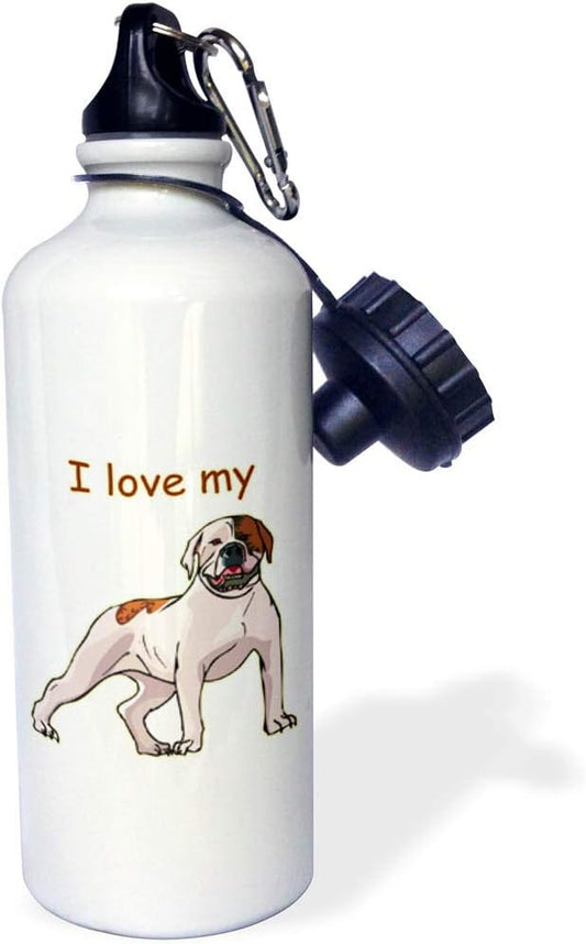 3dRose "Cute and Cuddly Canine I Love My American Bulldog" Sports Water Bottle, 21 oz, White