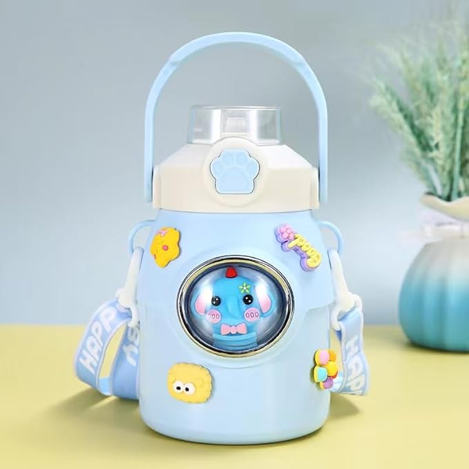 Cute Water Bottle with Strap and Straw 22oz Aesthetic Kawaii Water Bottles BPA-free Leak-proof Insulated Water Bottles for Girls Sports Travel(Blue)