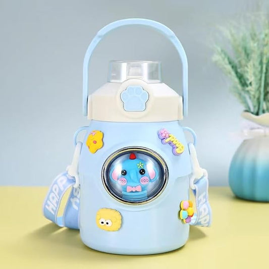 Cute Water Bottle with Strap and Straw 22oz Aesthetic Kawaii Water Bottles BPA-free Leak-proof Insulated Water Bottles for Girls Sports Travel(Blue)