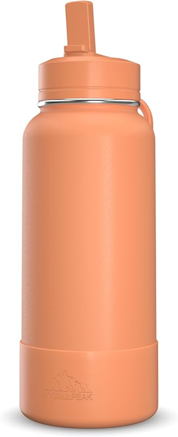 Hydrapeak 32oz Sport Insulated Water Bottle with Straw or Chug Lid, Leak & Spill Proof, Keeps Drinks Cold for 24 Hours, Hot for 12 Hours, Premium Stainless Steel Water Bottles (32oz, Apricot Crush)