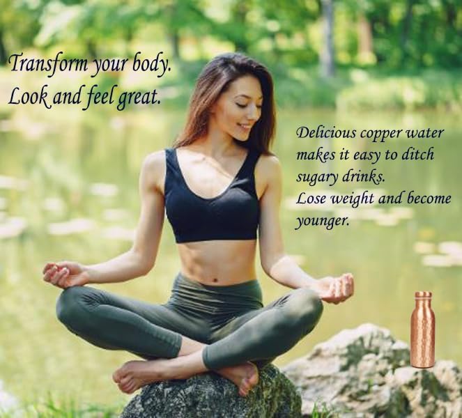 Pure Copper Water Bottle - Handcrafted - Ayurveda health benefits - Small 15 oz - Leak proof, Easy to carry for Sports, Fitness, Yoga, School - Natural Hammered Beaten Copper Finish