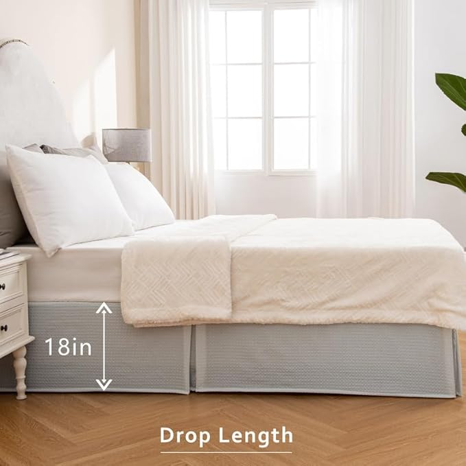 MIYE Pleated Waffle Weave Bed Skirt, Tailored Dust Ruffle 18 Inch Drop Easy Fit, Machine Washable (Light Grey, Queen - 18" Drop)