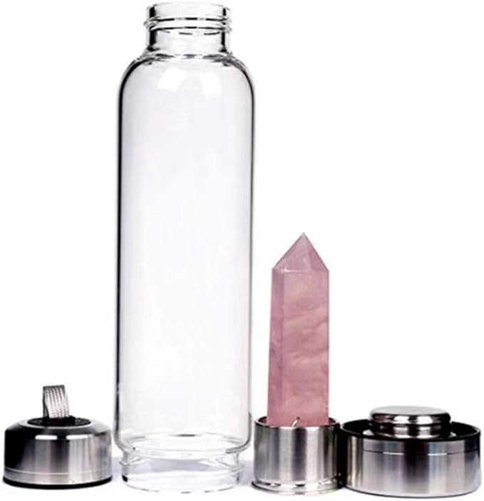 Crystal Glass Water Bottle, Glass Water Bottle with Changeable Natural Crystal Center, Quartz Gemstone Water Bottle for Natural