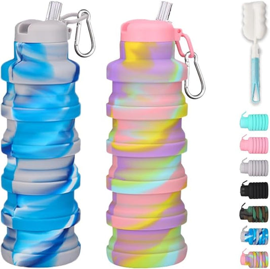 Collapsible water bottles 2 Pack with brush,BPA Free Travel Silicone Water Bottle with Carabiner,Reusable Foldable Portable Lightweight Sports bottles for Gym Camping Hiking (Camo pink+blue)