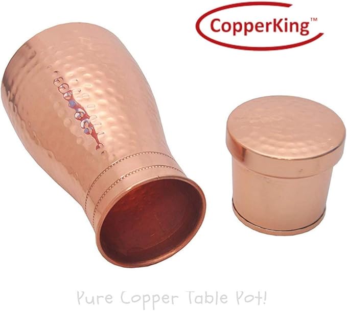 Pure Copper Hammered Pitcher with Inbuilt Tumbler | Ayurvedic Solid Copper Water Bottle Drinking Jar with Cup Galss | Best Use Carafe for Office, Bedroom, Dining Table Pot 37oz / 1100 ML / 1.1 Liter