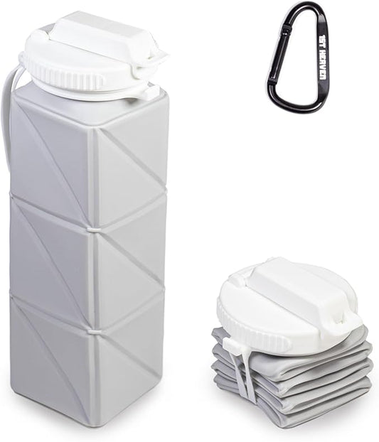 Collapsible Water Bottle, Silicone Foldable Water Bottles For Travel, Easy-To-Carry Design And Compact Size, BPA Free, 20 oz (Grey (cuboid))