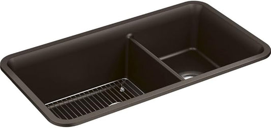 KOHLER 8204-CM2 Cairn 33-1/2" Undermount Double-Bowl Kitchen Sink, Neoroc Composite Kitchen Sink, Double-Bowl Sink with Bottom Sink Rack, Matte Brown
