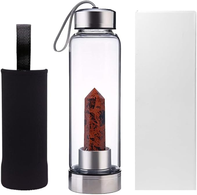 Crystal Glass Water Bottle,Water Bottle With Gemstone Center Crystal Elixir Bottle,Removable Gemstones Creative Water Cup Crystal Column Magic Wand Energy Cup for Gifts (B-Red Obsidian)