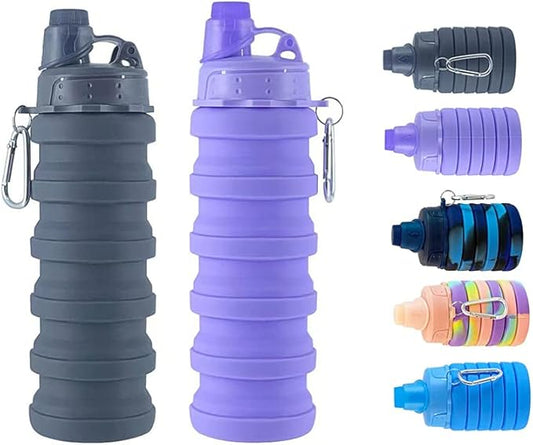 Collapsible Water Bottles 2 pack Travel Water Bottle Portable Hiking Water Bottle with Leak proof Twist Cap 500ML Reusable BPA Free Silicone Water Bottles (Style1, Black+Purple)