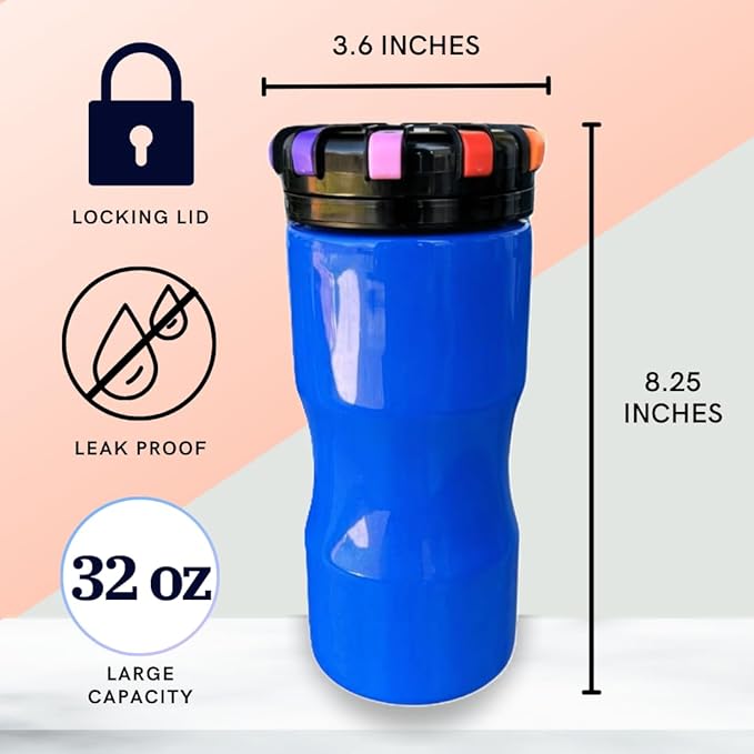 Classic - 32oz Reusable Locking Bottle Patented Anti-Drink Spiking Technology, Drink Spiking Prevention (Blue, 32 oz)