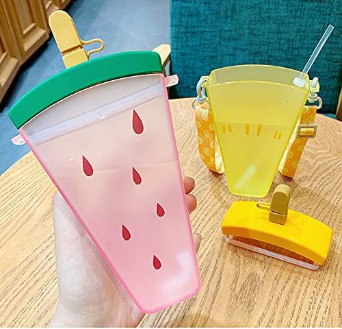 Travel Cup with Straw Birthday Party Gift Picnic Ice Water Bottle Travel Mug with Strap (Ice Cream Watermelon, 320 ml)