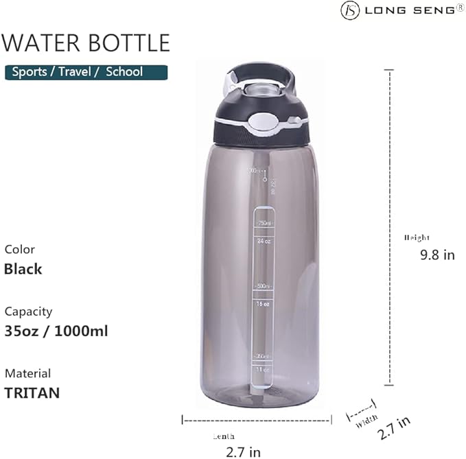 Sports Water Bottle 35 OZ, Gym Leak Proof Wide Mouth Straw Water Bottles Black BPA-Free Plastic Water Bottle Odorless Light Portable Easy Clean Water Bottles For Adults Man Woman