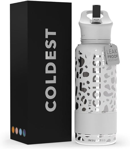 Coldest Sports Water Bottle - (Straw Lid), Leak Proof, Vacuum Insulated Stainless Steel, Hot Cold, Double Walled, Thermo Mug, Metal Canteen (32 oz, Silver Leopard)