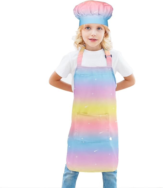 Kids Apron Chef Hat Set for Boys and Girls Adjustable Neck Strap Hook and Loop Fastener Design Waistband for Baking
