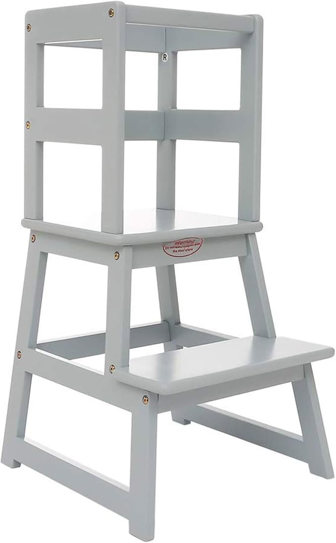 SDADI Kitchen Step Stool for Toddlers and Kids Ages 18 Months to 3 Years Old with Adjustable Height and Solid Wood Railings, Gray