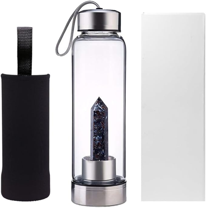 Crystal Glass Water Bottle,Water Bottle With Gemstone Center Crystal Elixir Bottle,Removable Gemstones Water Cup Crystal Column Magic Wand Energy Cup for Gifts (V-Fireworks Stone)