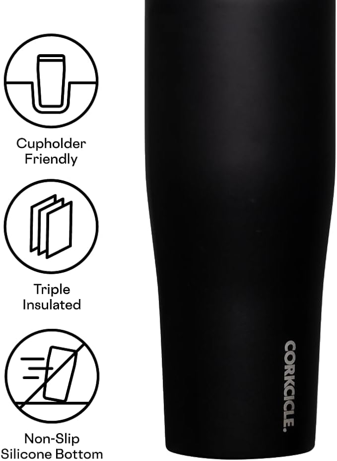 Corkcicle Go Cup XL Insulated Tumbler with Lid and Straw, Matte Black, 30 oz – Reusable Water Bottle Keeps Beverages Cold for 12hrs – Cupholder Friendly Tumbler, Leak-Proof Design