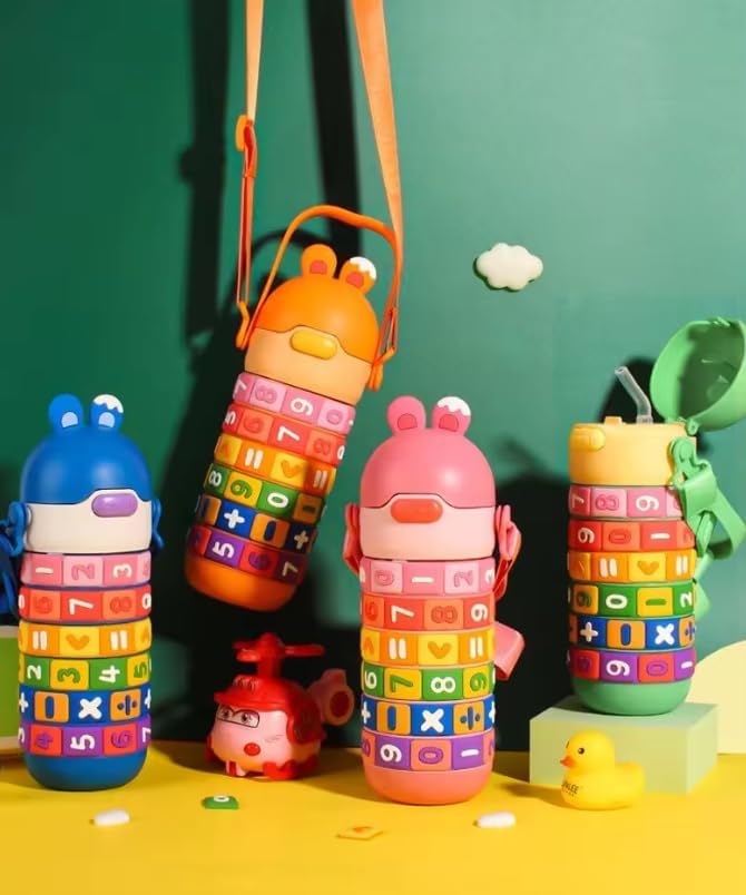 Numbers and Maths Symbols Design Kids' Water Bottle with Straw for School or Travel; 15oz (430ml) Stainless Steel water Bottle; Portable Handle with Detachable Buckle (Pink), CZMX-30031