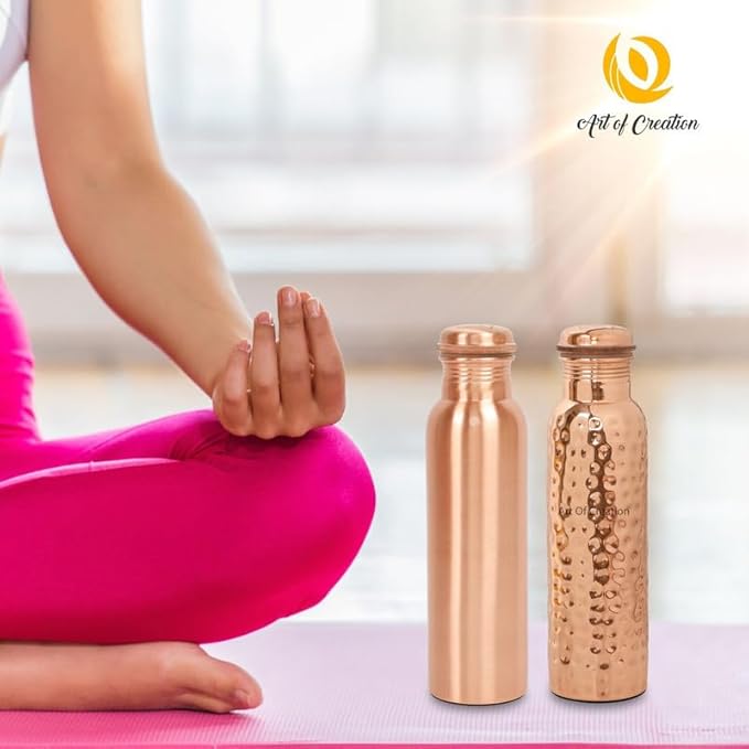 Pure Copper Water Bottle for Drinking Large Handcrafted Ayurvedic Copper Water Bottle, Leak Proof Lid Copper Bottle Water Vessel Size-34 Oz (Plain And Hammered Combo)
