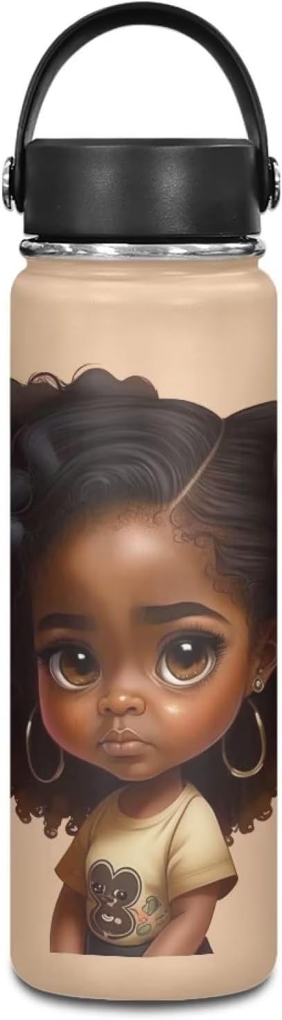 African Girl 18 oz Insulated Water Bottle with Handle Stainless Steel Sports Water Flask Cup Portable Handle Lid Hot and Cold Water Bottle Magic American Afro Travel Canteen Mug