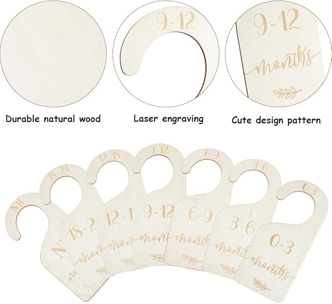 CRASPIRE 8Pcs Wooden Newborn Baby Wardrobe Dividers Nursery Closet Organizers from 1 to 24 Month Baby Hanger Seperaters Nursery Infant Wardrobe Hangers Divider for Newborn Shower Decor