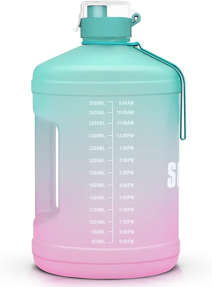 Gallon Big Water Bottle with Handle, 128oz Leakproof BPA Free Fitness Sports Water Bottle with Motivational Time Marker & Wide Mouth Ensure You Drink More Water