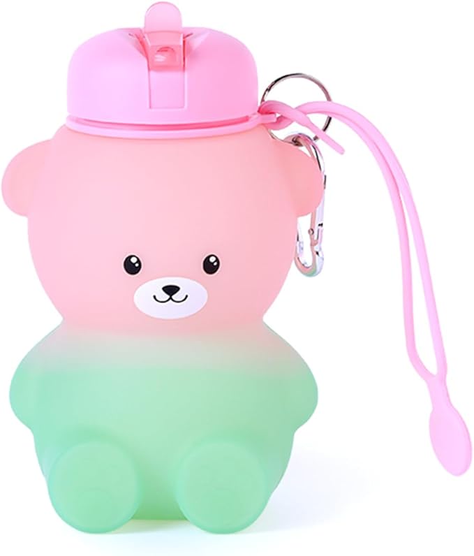 Collapsible Silicone Water Bottle，kawaii water bottle,500ml(16.9 oz),cute water bottles For Girls,School,Sports,Hiking, Backpacking, Camping, Walking, BPA Free(cute bear)