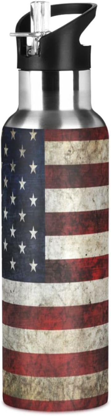 ALAZA American Flag Patriotic Water Bottle With Straw Lids Boys Girls,Vacuum Insulated Leakproof Stainless-Steel Sports Bottle Thermal Flask For Gym Yoga Camping,20Oz (600Ml)