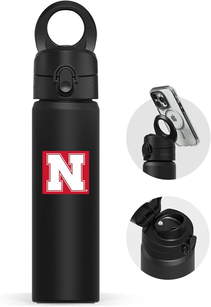 RHINOSHIELD AquaStand Magnetic Bottle 23 oz | Stainless Steel Insulated Sport Bottle w/MagSafe Handle, Adjustable Tripod, Rounded Spout & Leak-Proof - University of Nebraska–Lincoln - Nebrasks White