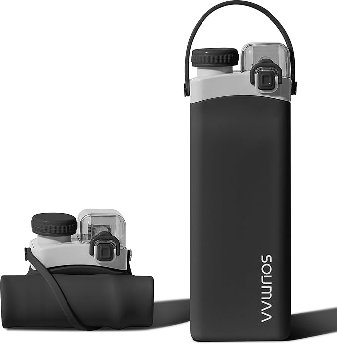 Collapsible Silicone Water Bottle - 600ml, BPA-Free, Portable and Leak-Proof with Carrying Handle for Travel, Camping, Hiking, Fishing, Swimming, Biking (Black)