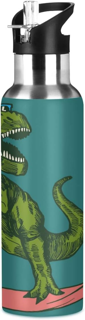 Surfing Dinosaur Sports Water Bottle, 22 Oz BPA Free Non-Toxic Stainless Steel Water Bottle with Straw for Gym Yoga Fitness Camping