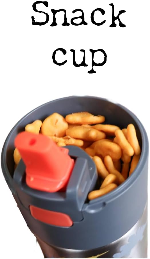 Kids insulated water bottle with straw and snack cup. Double wall stainless steel 14oz (teal and dark yellow dinosaur)