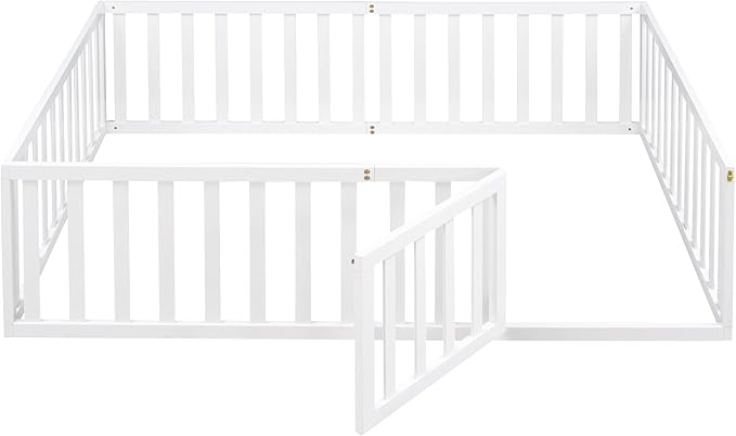 Full Size Floor Bed with Fence, Solid Wood Floor BedFrame for Kids with Door, Twin Platform Bed for Boys and Girls Kids Teens, Fun Design, for Children Bedroom