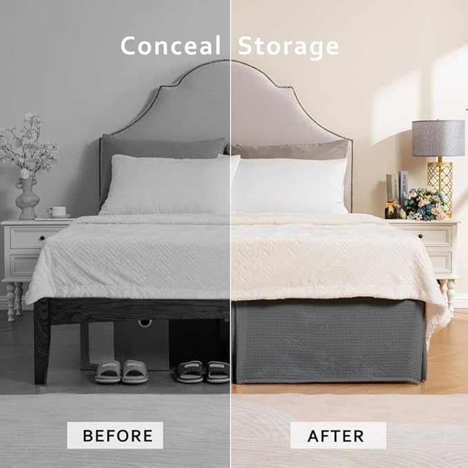 MIYE Pleated Waffle Weave Bed Skirt, Tailored Dust Ruffle 16 Inch Drop Easy Fit, Machine Washable (Dark Grey, TwinXL - 16" Drop)