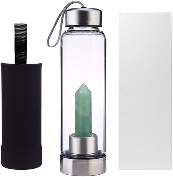 Crystal Glass Water Bottle,Water Bottle With Gemstone Center Crystal Elixir Bottle,Removable Gemstones Creative Water Cup Crystal Column Magic Wand Energy Cup for Gifts (N-Dongling Jade)