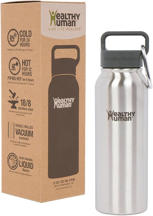Healthy Human Stainless Steel Water Bottle | Double Walled Vacuum Insulated Water Thermos for Adults | Eco-Friendly Travel Bottles with Leak Proof Lid (Brushed Steel, 21 oz/ 621 ML)