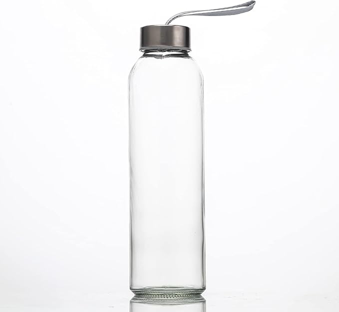 SureSave Glass Water Bottles with Stainless Steel Lids and Sleeves | 18 Oz Reusable Glass Bottles with Carrying Loop for Eco-Friendly Travel Drinks and Beverages (6 Pack)