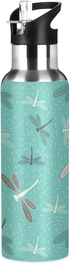 Blueangle Dragonfly Summer Green Sports Water Bottle, BPA-Free Stainless Steel Water Bottle with Straw, Leakproof, 22oz Bottle for Outdoor Hiking Camping Travel