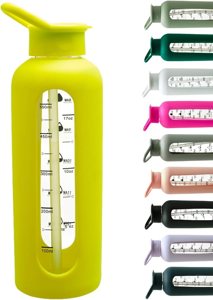 Mayim 24 Oz Glass Tumbler with Straw and Handle, Reusable Motivational Glass Water Bottle with Silicone Sleeve and Time Marker, Leak Proof Borosilicate Water Bottle -Safety Yellow