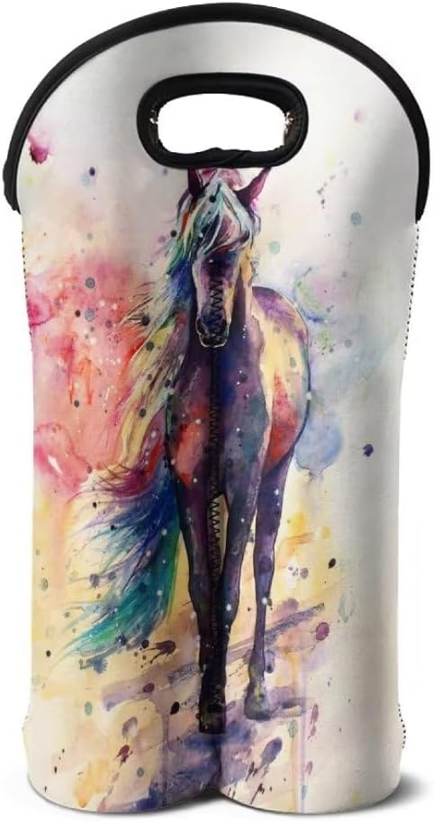 doginthehole Horse Wine Bottle Travel Bag 2-Bottle Wine Carrying Tote Picnic Cooler Bag Watercolour Animal Print Champagne Carrier Bag Portable Neoprene Wine Tote Holders Insulated Sleeve