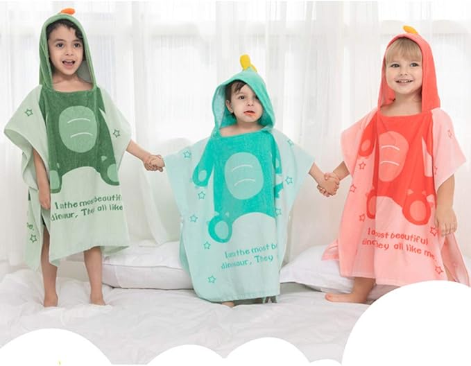 TONWHAR Kids Bath/Pool/Beach Hooded Poncho Towel-Cartoon Animal Pattern Cotton Beach Towel for Baby and Kids (Pink Dinosaur, 5-9 Years/Height:43.3"-51.2")