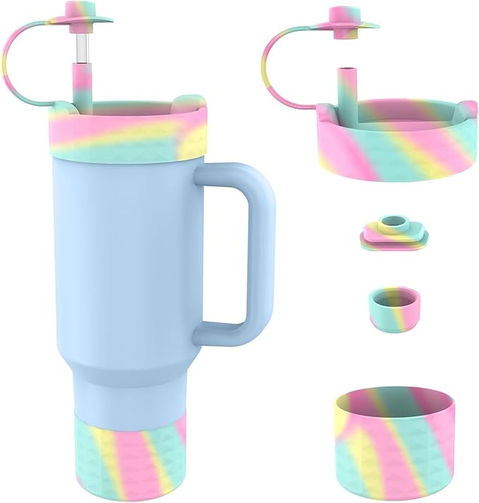 Protective Silicone Bottle Cover Set for Stanley Quencher H2.0 40 30 20 oz Tumbler with Handle & Iceflow, Anti-Scratch Cover Boot for Stanley Cup Accessories BPA Free (A)